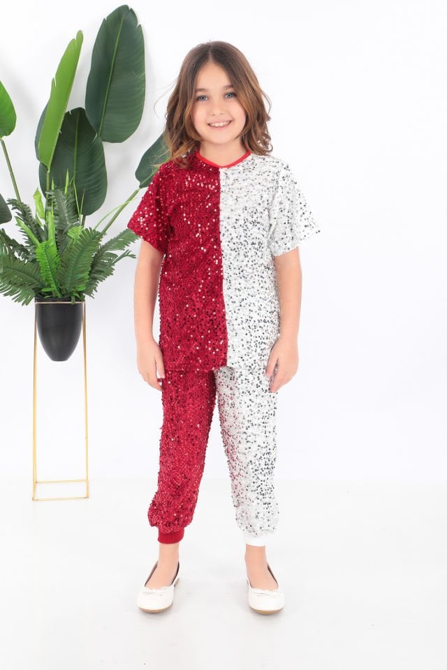 Kız çocuk kırmızı beyaz tişört pul payet dansçı kostümü