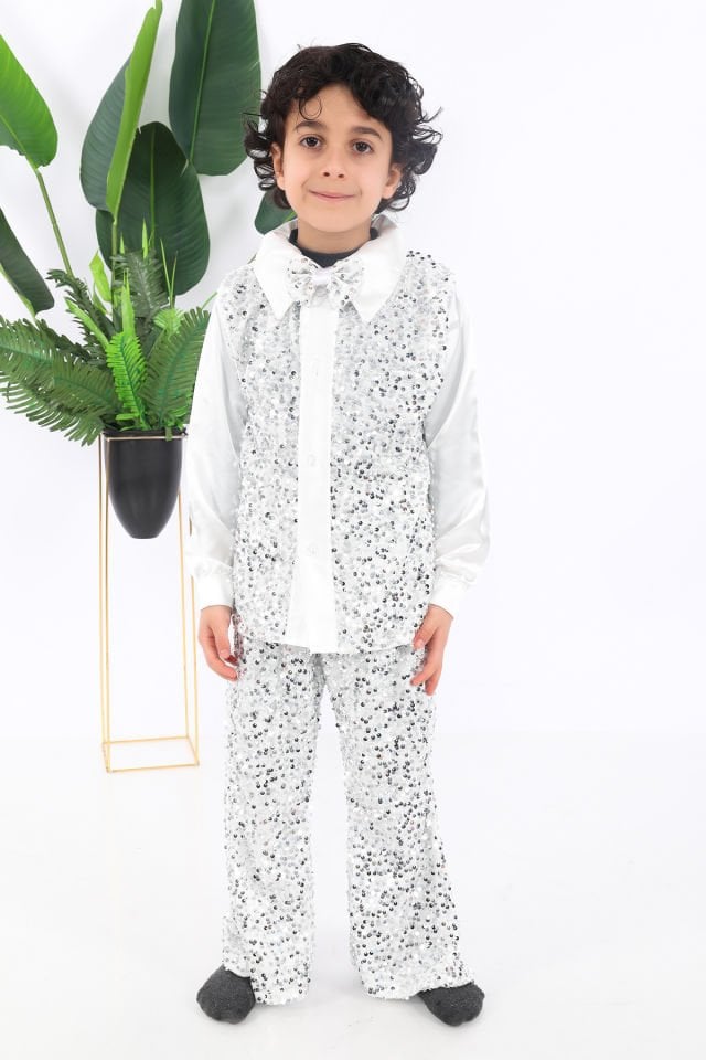 Erkek çocuk beyaz pul payet dansçı kostümü