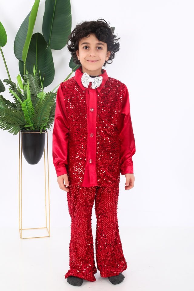 Erkek çocuk kırmızı pul payet dansçı kostümü