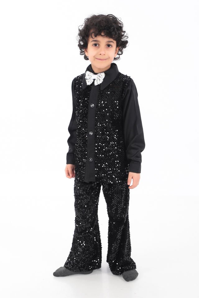 Erkek çocuk siyah pul payet dansçı kostümü