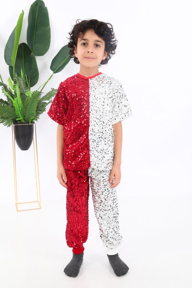 Erkek çocuk kırmızı beyaz pul payet dansçı kostümü