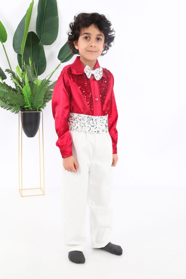 Erkek çocuk kırmızı beyaz dansçı kostümü