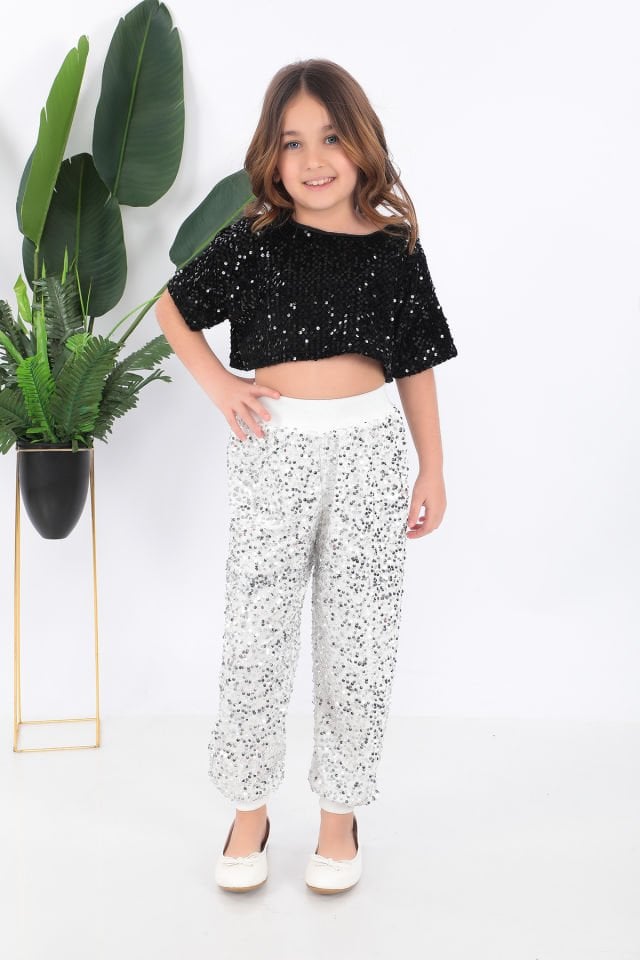 Kız çocuk siyah beyaz kısa tişört pul payet dansçı kostümü