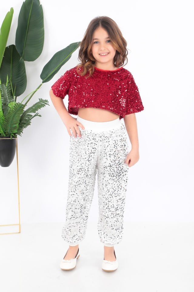 Kız çocuk kırmızı beyaz kısa tişört pul payet dansçı  kostümü