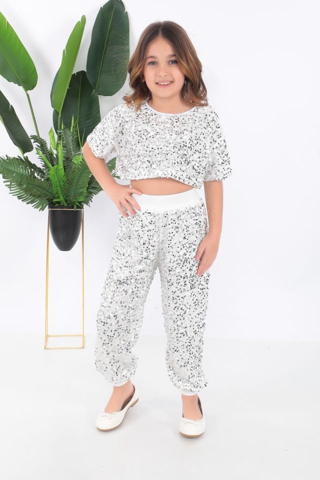 Kız çocuk beyaz kısa tişört pul payet dansçı kostümü