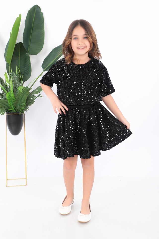 Kız çocuk siyah pul payet dansçı kostümü