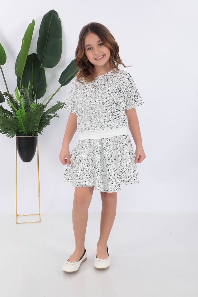 Kız çocuk beyaz pul payet dansçı kostümü