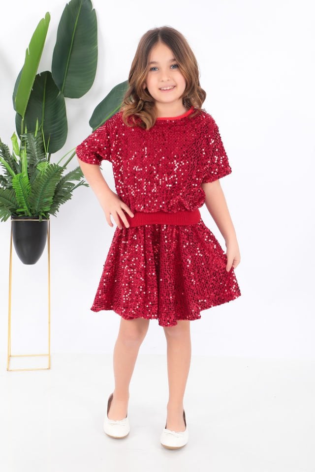 Kız çocuk kırmızı pul payet dansçı kostümü