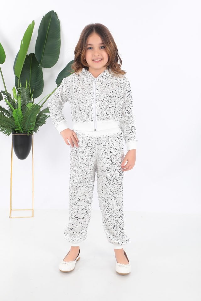 Kız çocuk beyaz kapşonlu pul payet dansçı kostümü