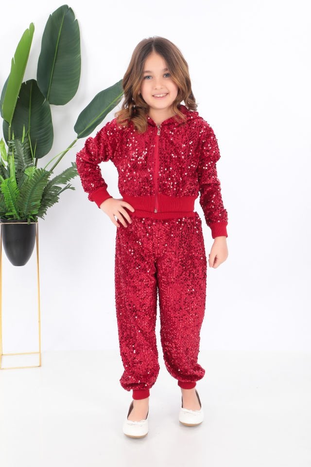 Kız çocuk kırmızı kapşonlu pul payet dansçı kostümü