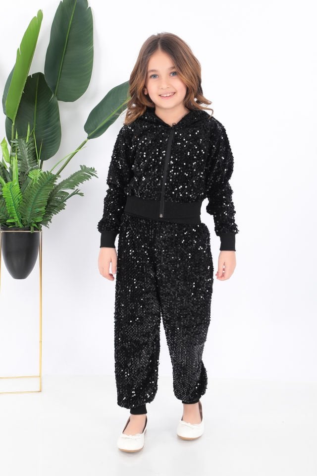 Kız çocuk siyah kapşonlu pul payet dansçı kostümü
